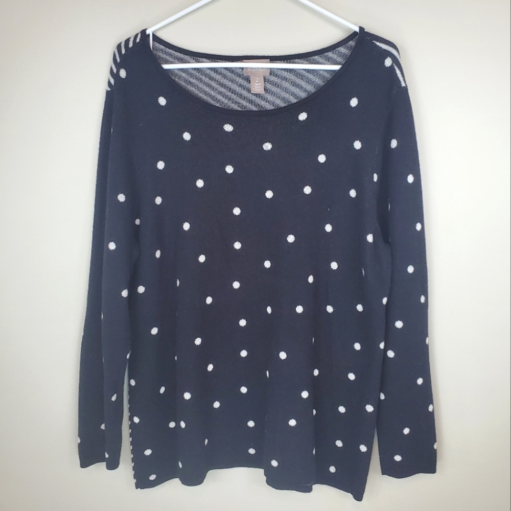 Chico's Size L Black White Polka Dot Striped Lightweight Long Sleeve Sweater